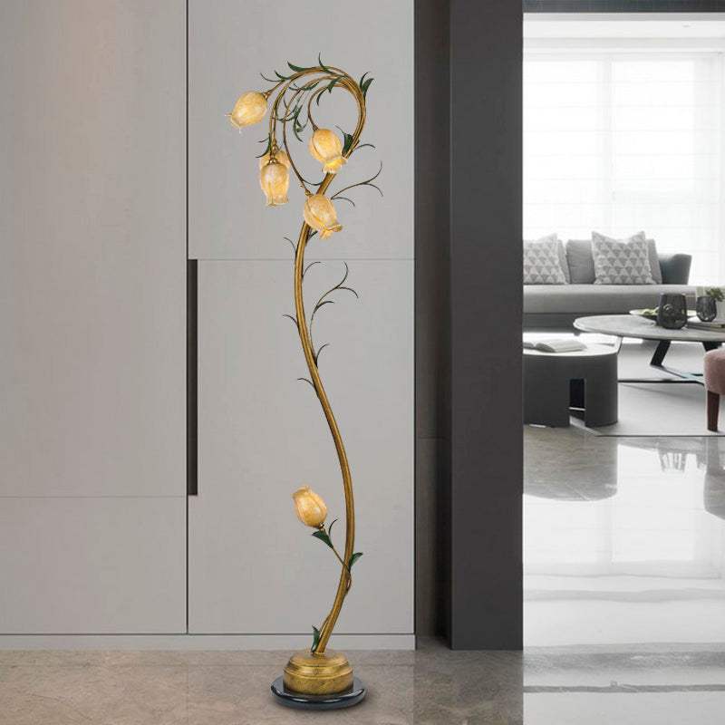 6 Lights Beige Glass Tree Floor Lamp Rural Floral Bedroom Standing Light in Brass for Bedroom