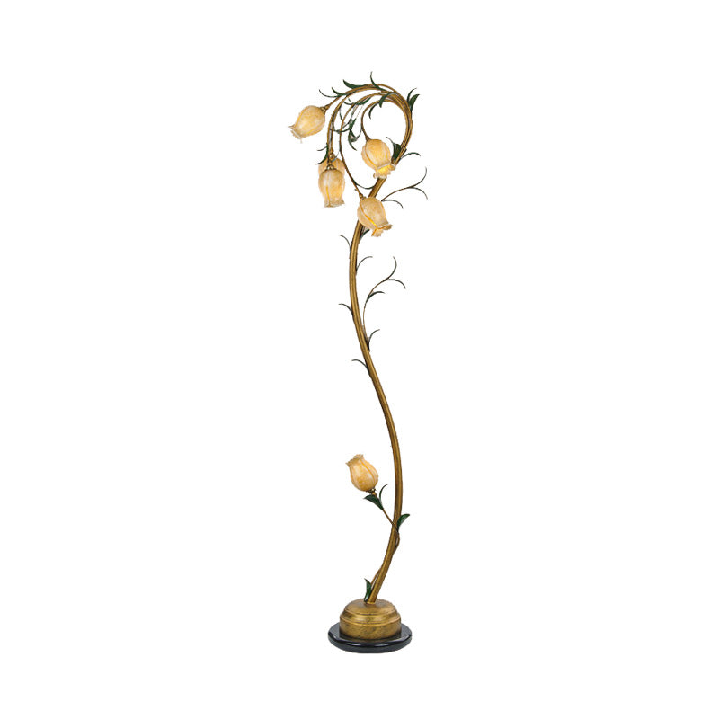 6 Lights Beige Glass Tree Floor Lamp Rural Floral Bedroom Standing Light in Brass for Bedroom