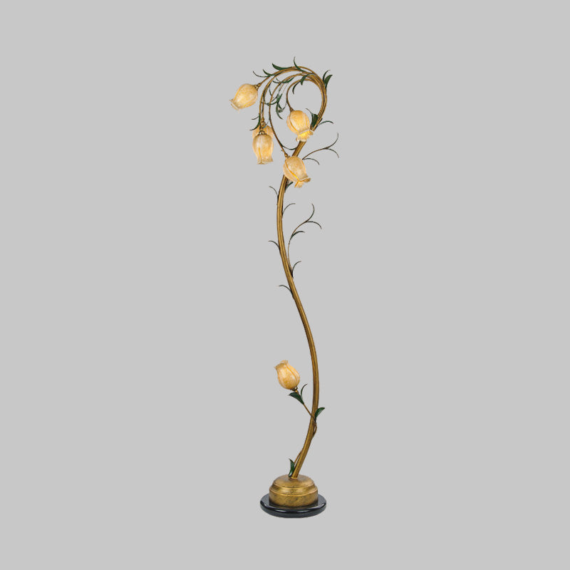 6 Lights Beige Glass Tree Floor Lamp Rural Floral Bedroom Standing Light in Brass for Bedroom