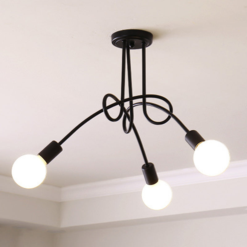 Industrial Vintage Radial Ceiling Light Wrought Iron Bare Bulb Semi Flush Mount for Living Room