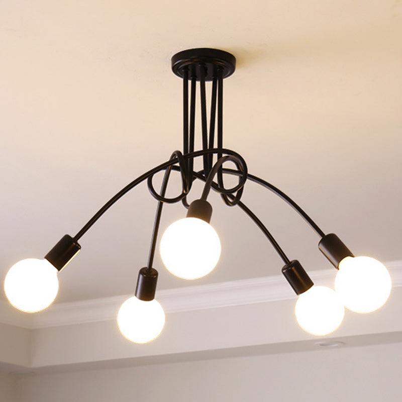 Industrial Vintage Radial Ceiling Light Wrought Iron Bare Bulb Semi Flush Mount for Living Room