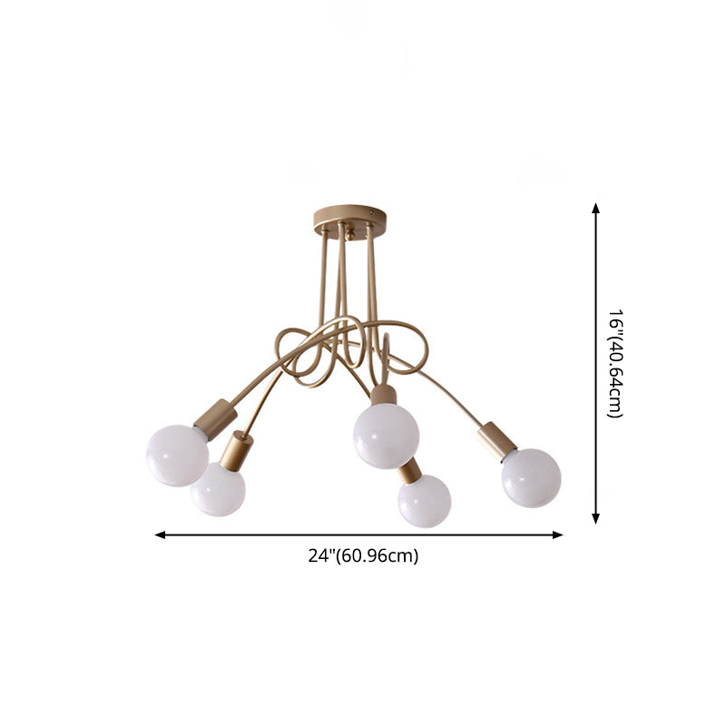 Industrial Vintage Radial Ceiling Light Wrought Iron Bare Bulb Semi Flush Mount for Living Room