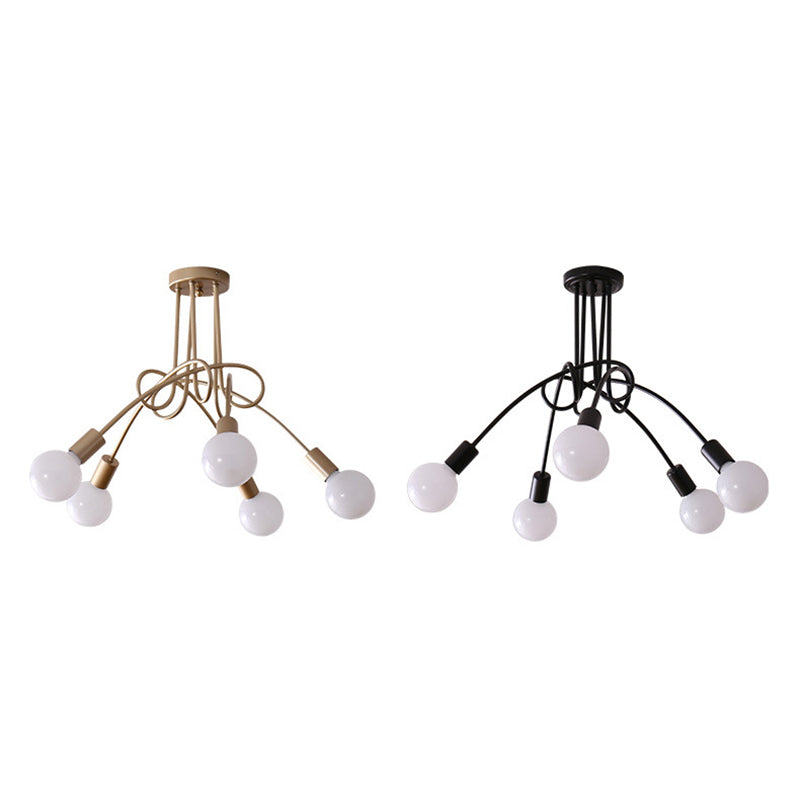 Industrial Vintage Radial Ceiling Light Wrought Iron Bare Bulb Semi Flush Mount for Living Room