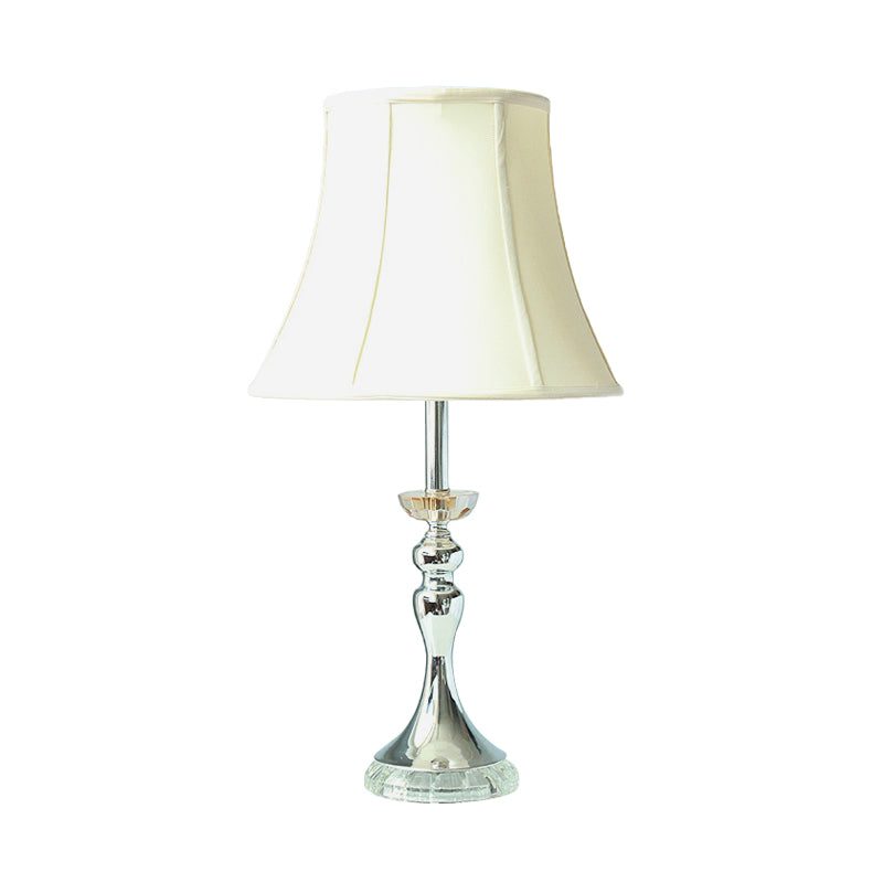 White Bell Night Lamp Lodge Fabric Single Light Bedroom Table Light with Clear Crystal Accent