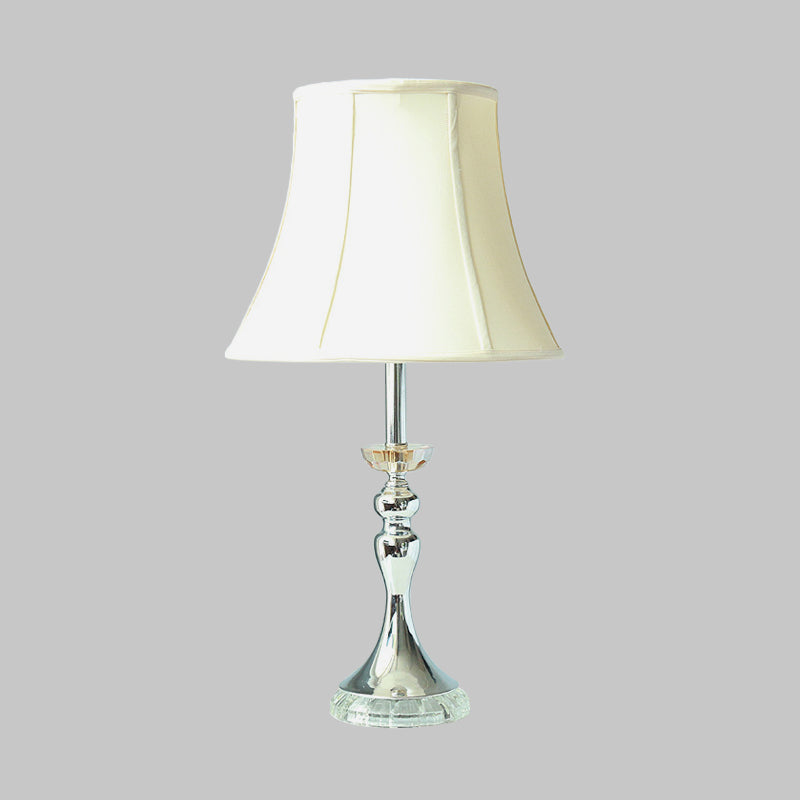 White Bell Night Lamp Lodge Fabric Single Light Bedroom Table Light with Clear Crystal Accent