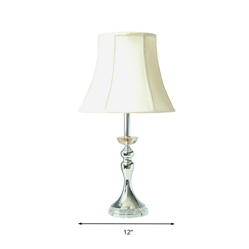 White Bell Night Lamp Lodge Fabric Single Light Bedroom Table Light with Clear Crystal Accent