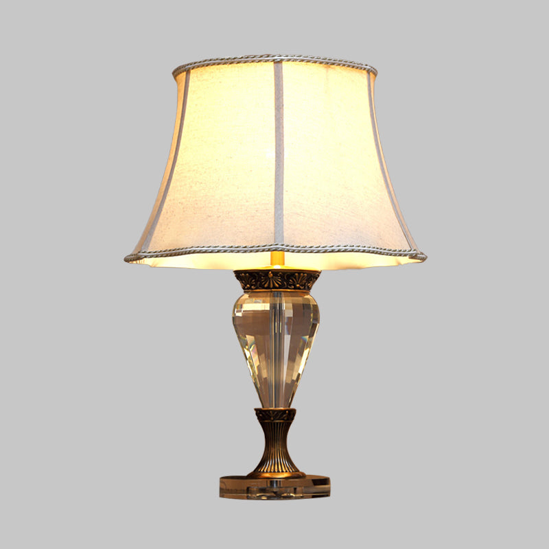 1 Light Bell Nightstand Light Countryside Beige Fabric Table Lamp with Clear Crystal Accent