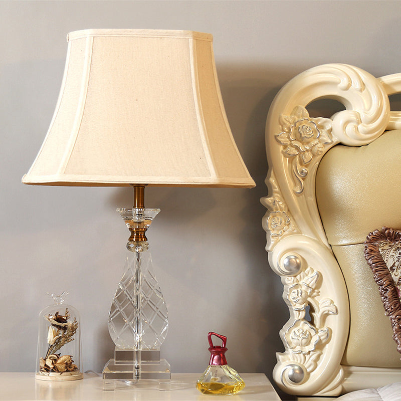 1 Light Fabric Night Lamp Traditionalism Beige Paneled Bell Bedroom Nightstand Light with Crystal Base