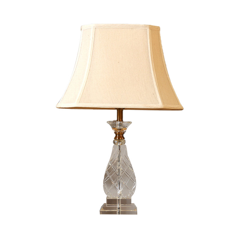 1 Light Fabric Night Lamp Traditionalism Beige Paneled Bell Bedroom Nightstand Light with Crystal Base