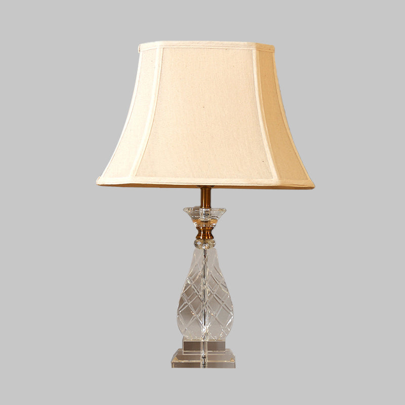 1 Light Fabric Night Lamp Traditionalism Beige Paneled Bell Bedroom Nightstand Light with Crystal Base