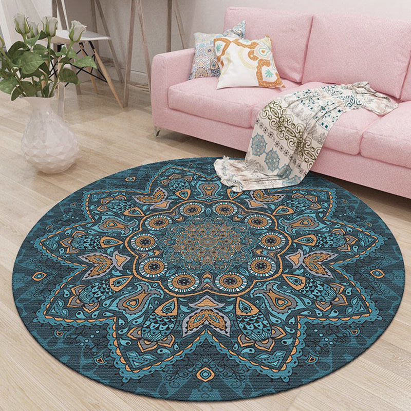 Blue Living Room Area Carpet Bohemian Americana Pattern Rug Polyester Stain Resistant Area Rug