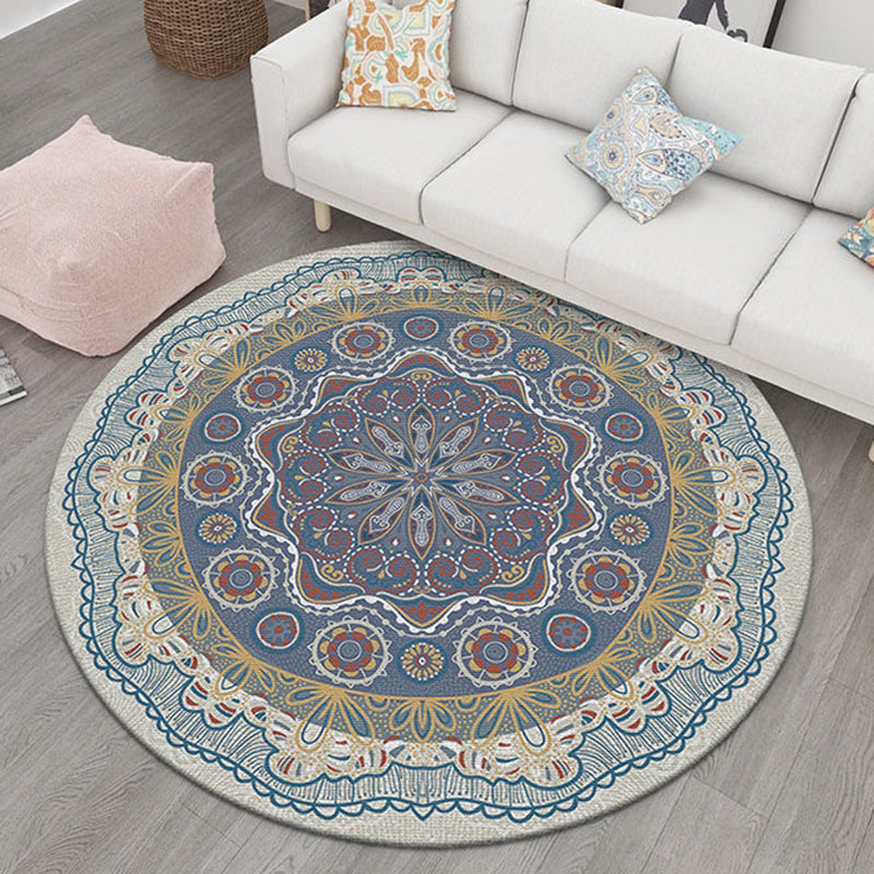 Blue Living Room Area Carpet Bohemian Americana Pattern Rug Polyester Stain Resistant Area Rug