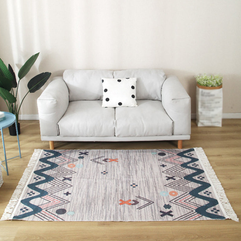 Bohemian Tribal Print Rug Fringe Design Carpet Washable Cotton Blend Indoor Rug for Living Room