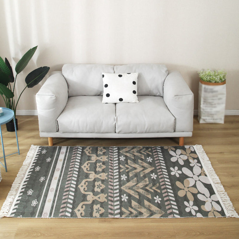 Bohemian Tribal Print Rug Fringe Design Carpet Washable Cotton Blend Indoor Rug for Living Room