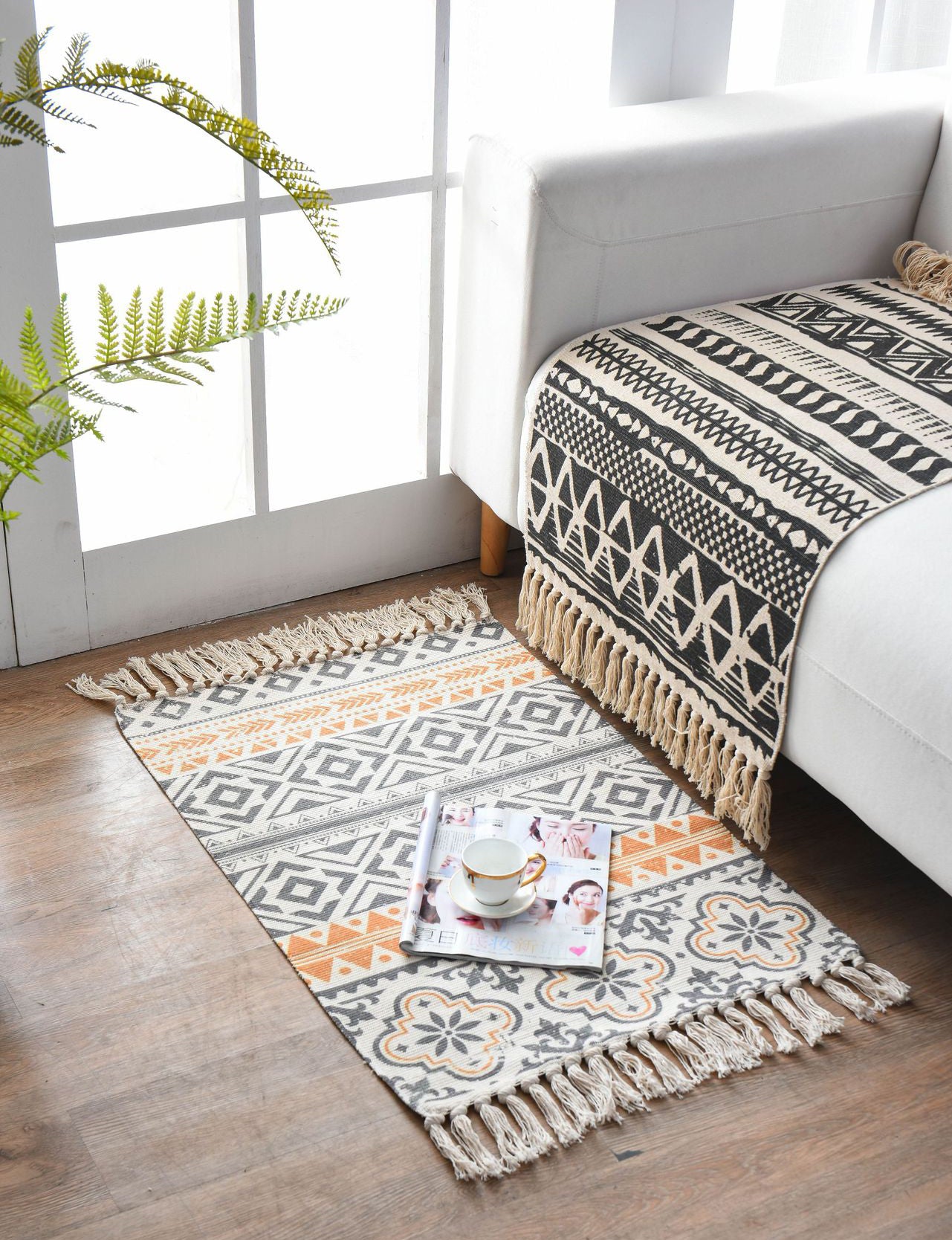 Bohemian Cotton Blend Area Carpet Retro Indoor Rug Living Room Carpet with Fringe