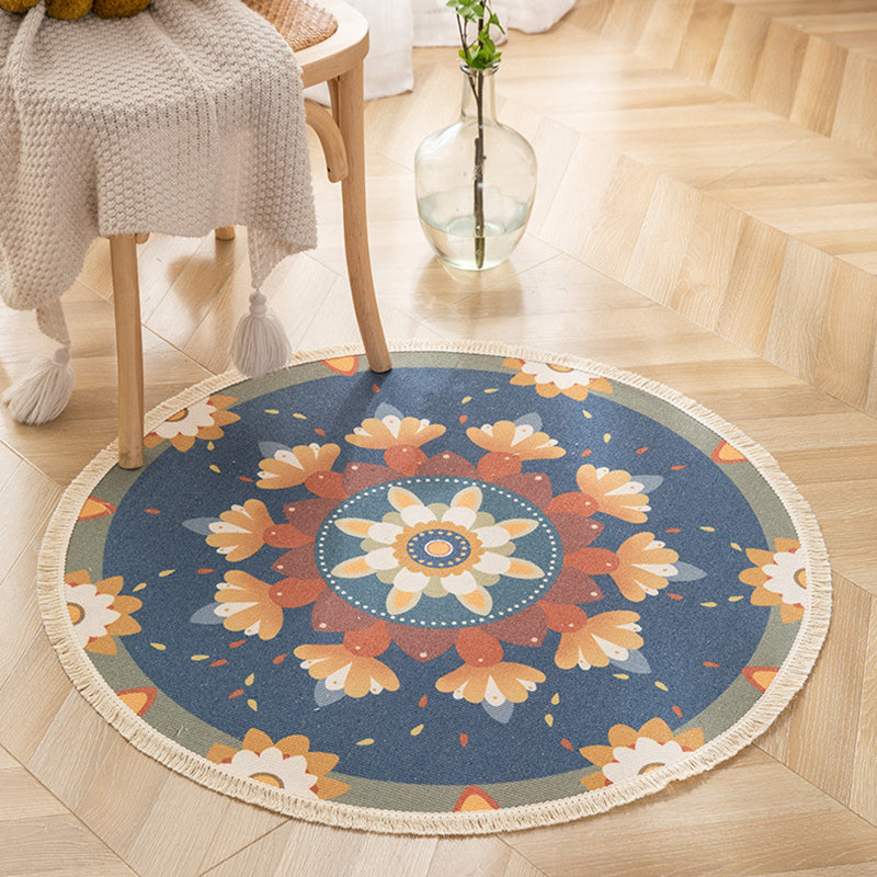 Round Funky Carpet Americana Pattern Area Rug Cotton Blend Fringe Indoor Rug for Living Room