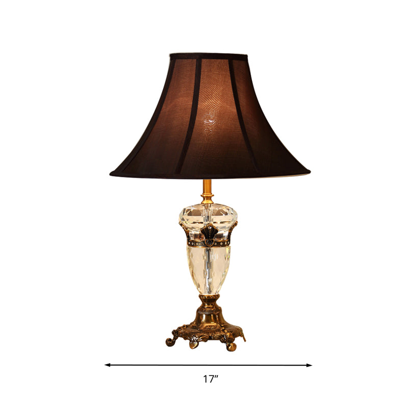 Single Head Table Light Rural Urn Crystal Nightstand Lamp in Brown with Cone Fabric Shade