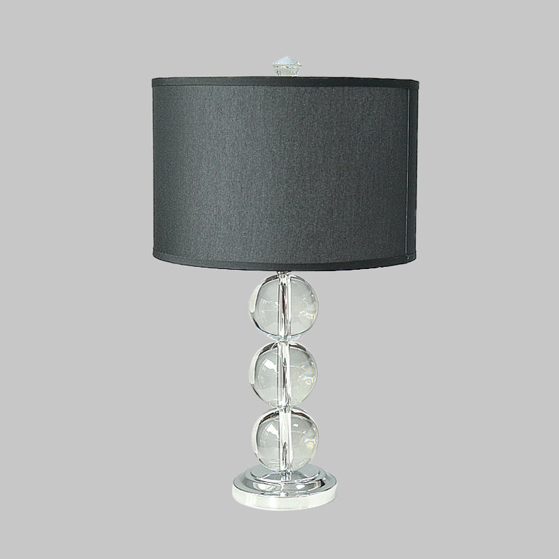 Black Single Bulb Nightstand Lamp Rustic Fabric Drum Table Light with Crystal Ball Deco