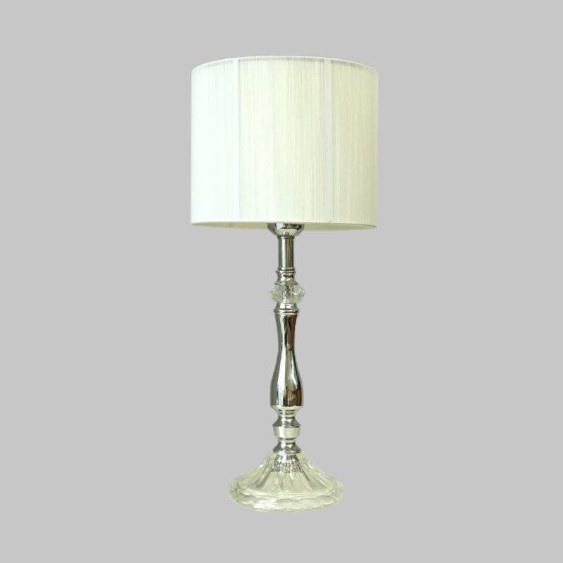 Tissu lampe de table blanche Cylindre 1 lumière Lumière de nuit simple pour le salon avec base en cristal