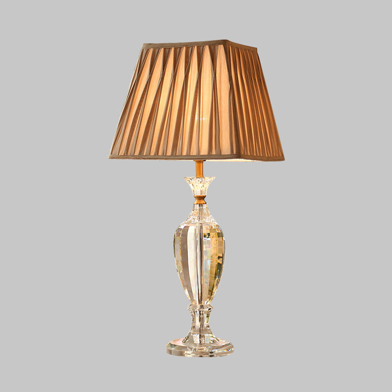 1 Light Pleated Shade Night Light Rural Style Beige Fabric Table Lamp with Urn Crystal Base