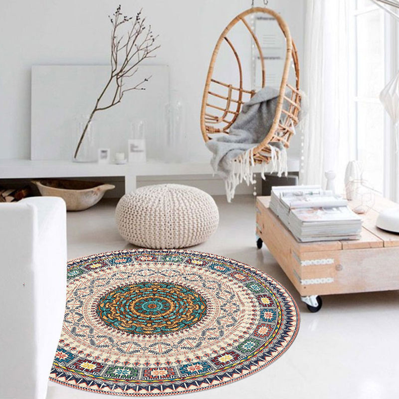 Round Ethnic Pattern Rug Polyester Antique Indoor Carpet Stain Resistant Area Rug for Living Room