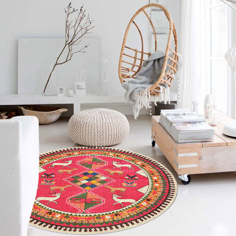 Round Ethnic Pattern Rug Polyester Antique Indoor Carpet Stain Resistant Area Rug for Living Room