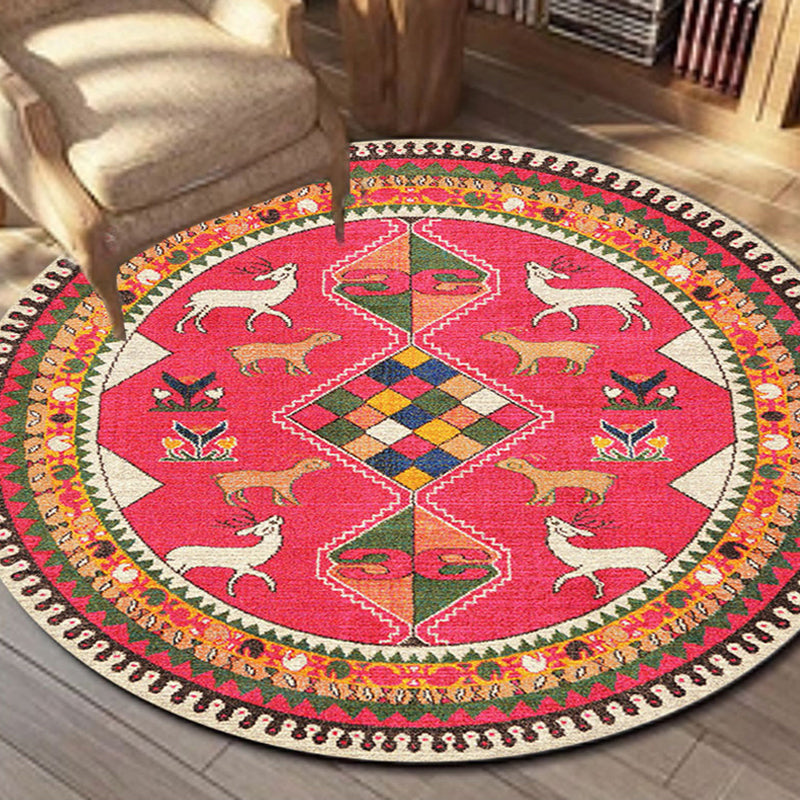 Round Ethnic Pattern Rug Polyester Antique Indoor Carpet Stain Resistant Area Rug for Living Room