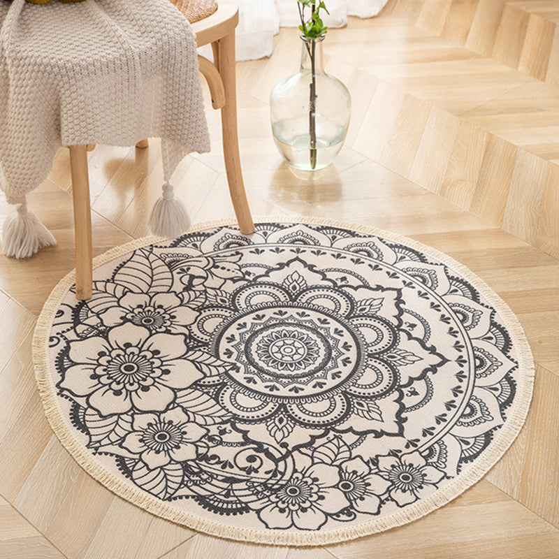 Round Floral Print Carpet Moroccan Cotton Blend Rug Fringe Indoor Carpet for Living Room