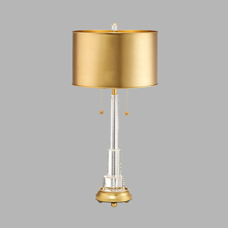 Clear Crystal Layered Table Lamp Rural Single Bulb Bedroom Night Light in Gold with Drum Metal Shade