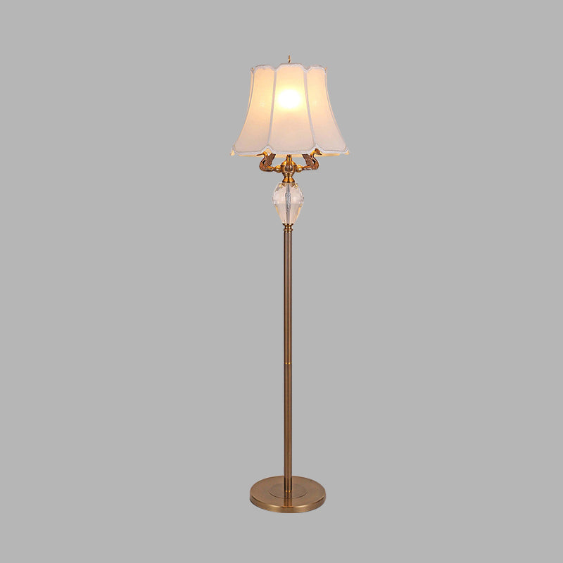 White Bell Shaped Floor Reading Light Minimalism Fabric 1 Light Bedroom Standing Lamp with Crystal Accent