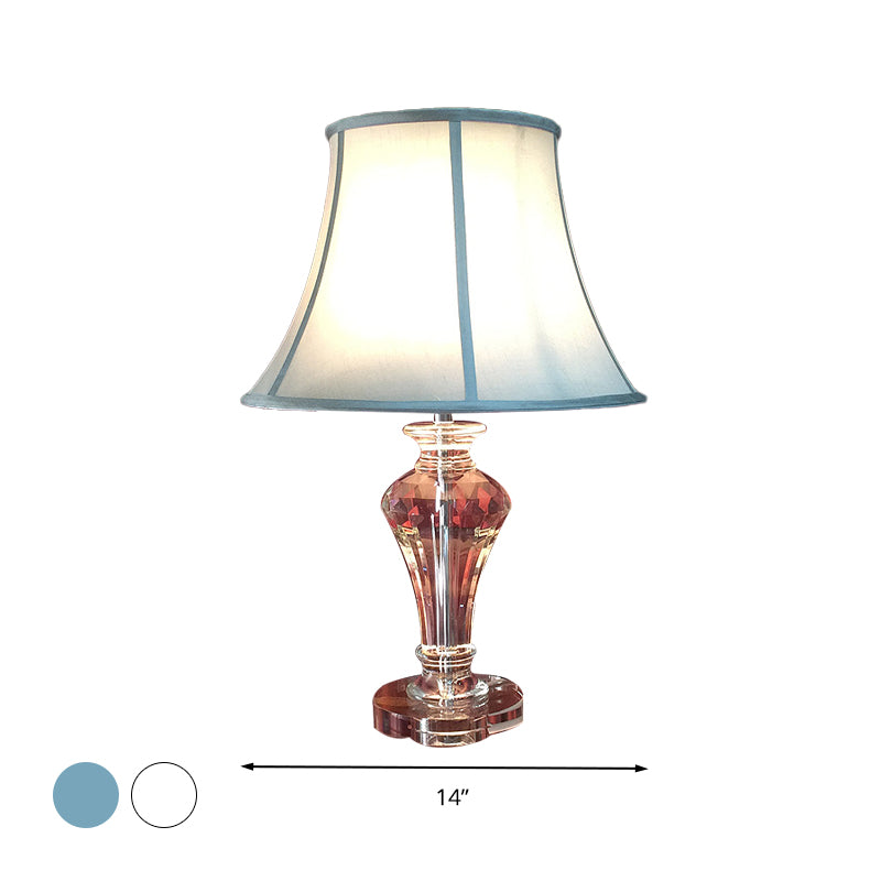 Tissu blanc / bleu table claire cloche simple lampe de nuit de style rural léger avec base en cristal transparent