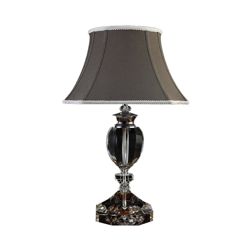 Grey Bell Table Lamp Countryside Fabric Single Head Bedroom Night Light with Crystal Base