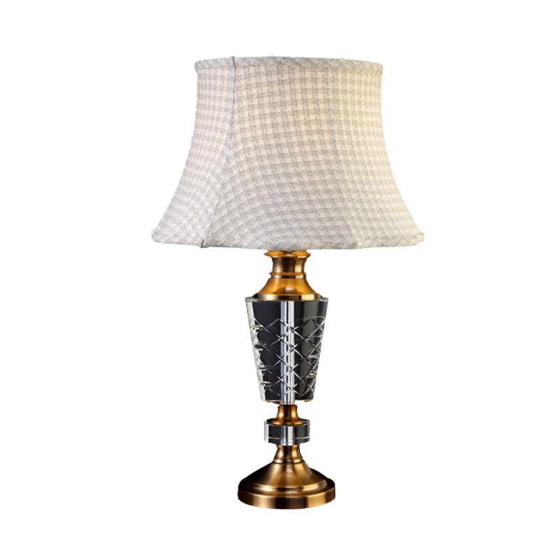 Fabric Bell Shade Table Light Traditional Single Bulb Night Lamp in Beige with Carved Crystal Base