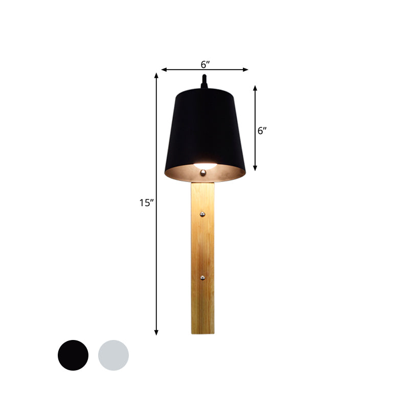 Lampada da parete a campana in metallo moderno 1 testa di scarico di scarico nero/nero con rettangolo in legno