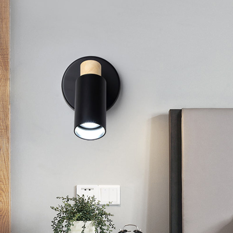 Iluminación de pared tubular metal moderno 1 cabeza de luz negra negra con tapa de madera