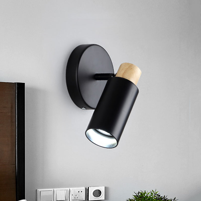 Iluminación de pared tubular metal moderno 1 cabeza de luz negra negra con tapa de madera