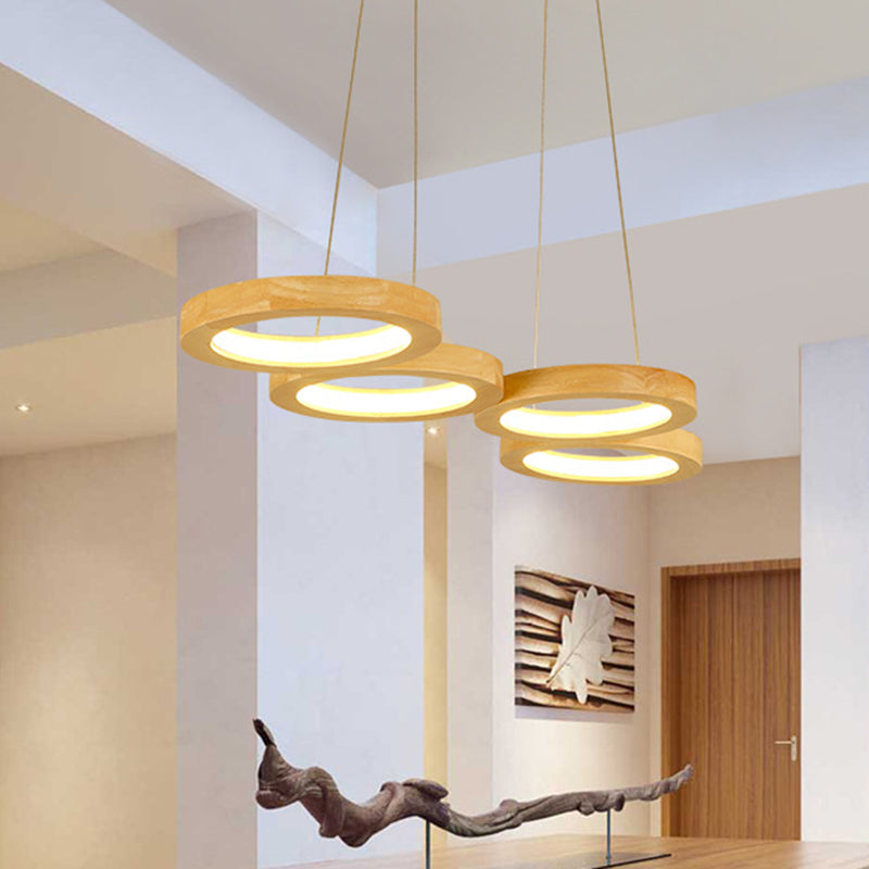 4/5 Lights Dining Room Chandelier with Orbicular Wood Shade Modernist Beige Led Hanging Pendant Light in Warm Light