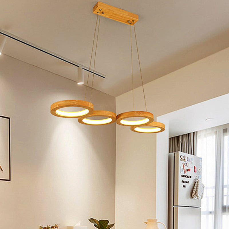 4/5 lichten eetkamer kroonluchter met orbiculaire houten schaduw modernistisch beige led hangend hanglamp in warm licht