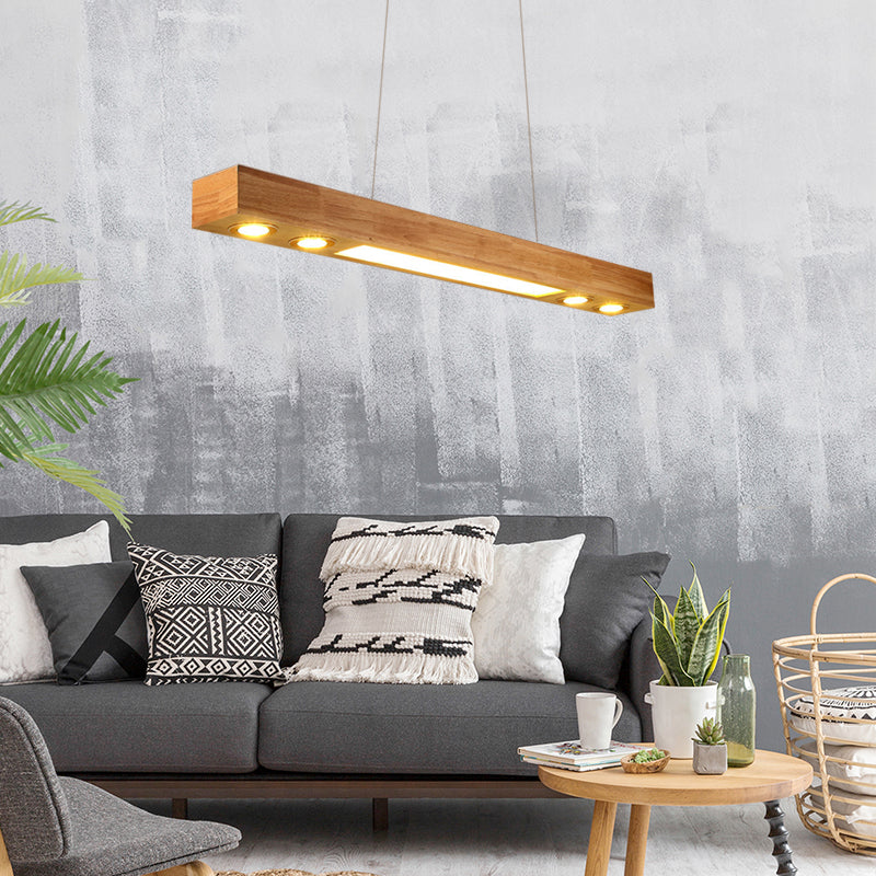 Rectangular Wood Chandelier Light Contemporary Led 31.5"/47" Wide Beige Led Hanging Ceiling Lamp in Warm Light