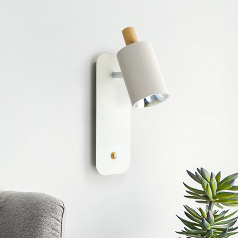 Iluminación de pared cilíndrica metal minimalista 1 cabeza de luz blanca/gris lámpara con tapa de madera