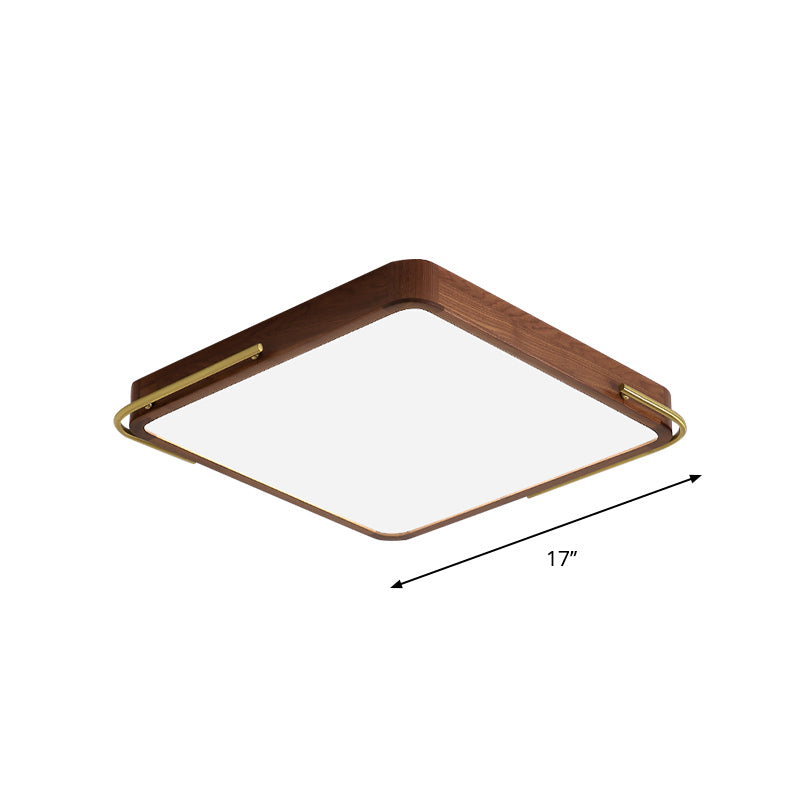 Square Wood Ceiling Flush Light Simplicity LED Brown Finish Flushmount Light, 13"/19" Wide