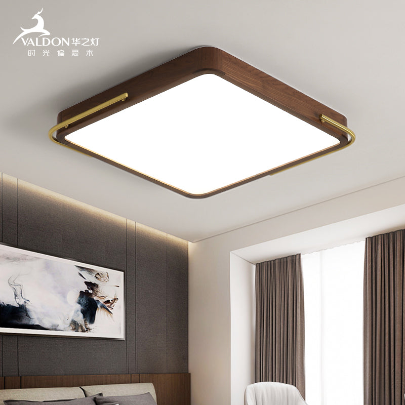 Square Wood Ceiling Flush Light Simplicity LED Brown Finish Flushmount Light, 13"/19" Wide