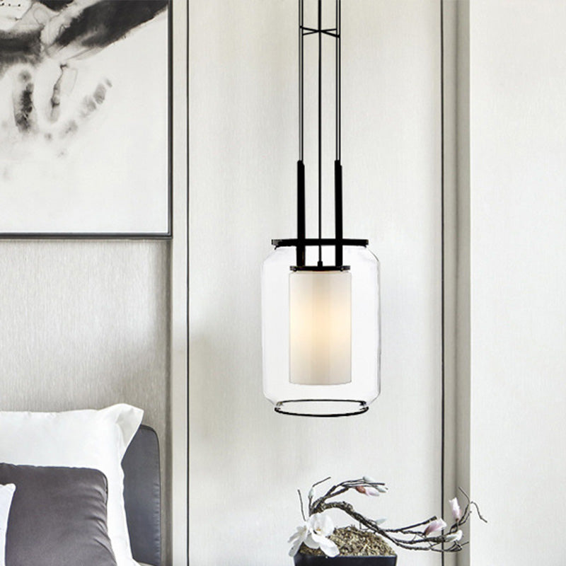 1 Bulb Bedroom Hanging Pendant Modern Black Down Lighting with Cylinder Clear Glass Shade