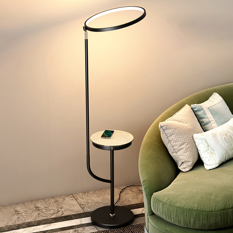 Adjustable Ring Shade Floor Lamp Minimalist Metal Black LED Standing Light with Tray