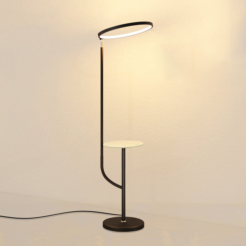 Adjustable Ring Shade Floor Lamp Minimalist Metal Black LED Standing Light with Tray