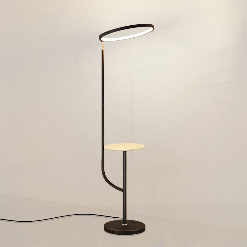 Adjustable Ring Shade Floor Lamp Minimalist Metal Black LED Standing Light with Tray