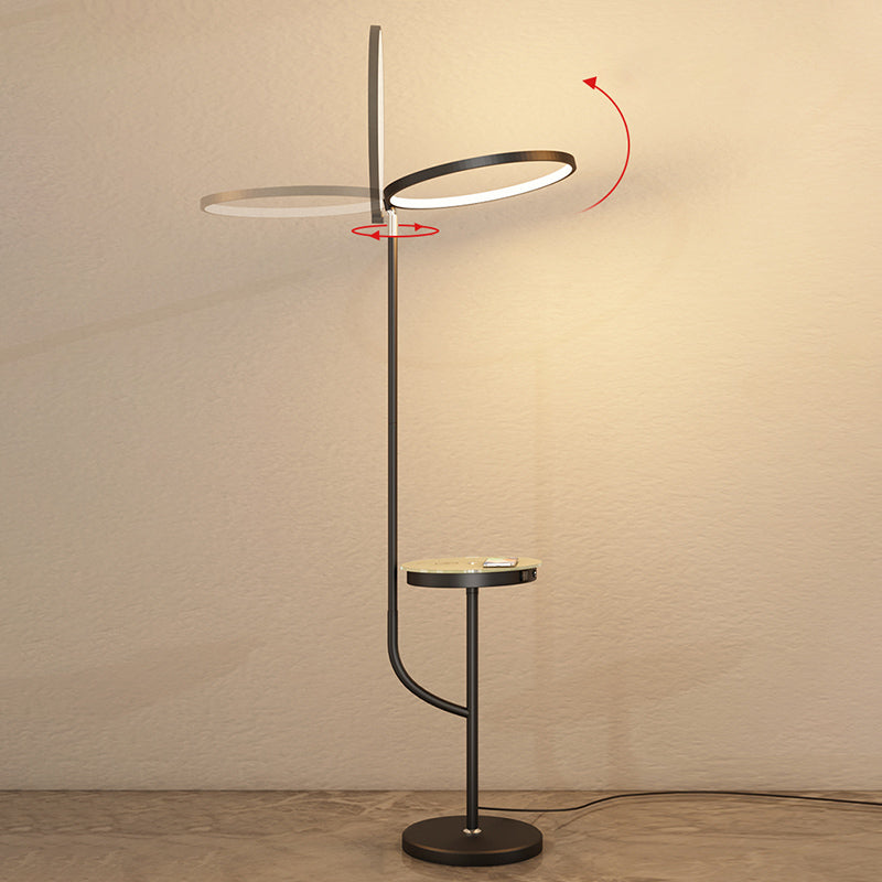 Adjustable Ring Shade Floor Lamp Minimalist Metal Black LED Standing Light with Tray