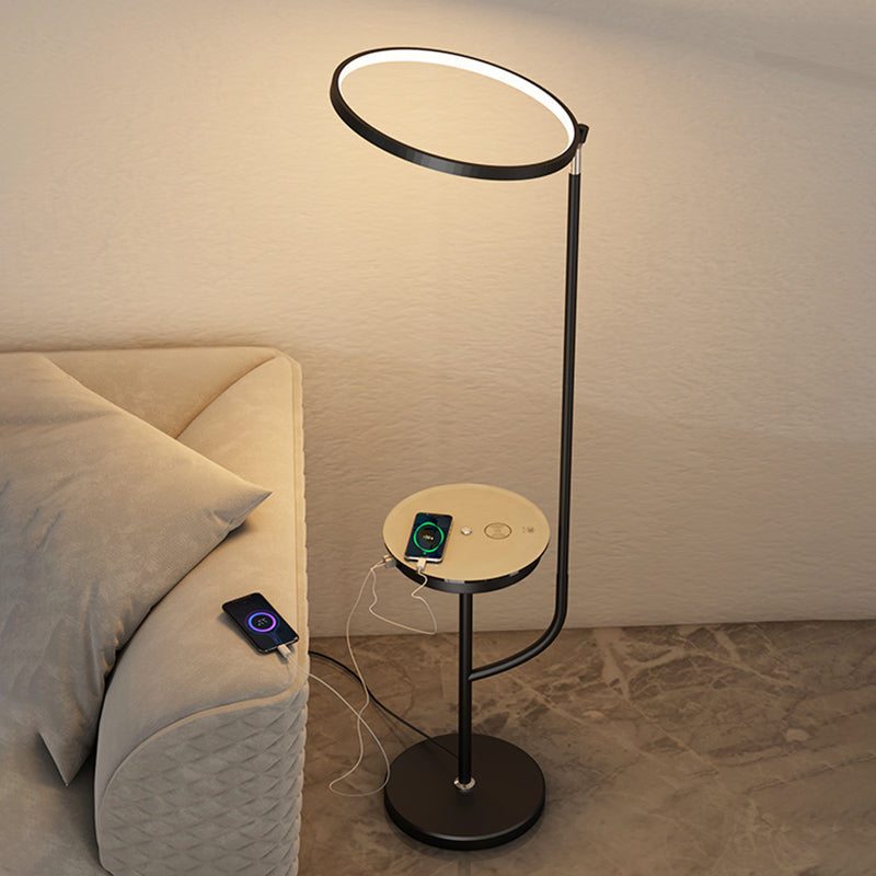 Adjustable Ring Shade Floor Lamp Minimalist Metal Black LED Standing Light with Tray