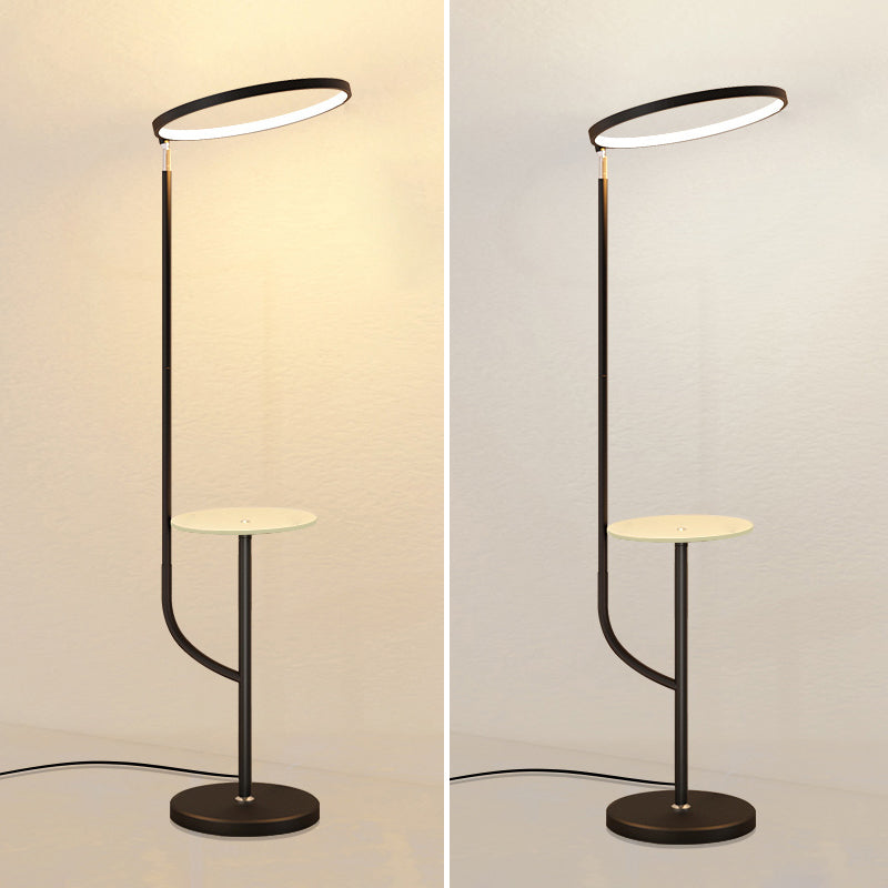 Adjustable Ring Shade Floor Lamp Minimalist Metal Black LED Standing Light with Tray