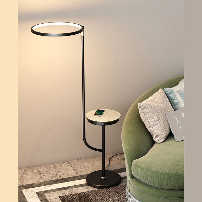 Adjustable Ring Shade Floor Lamp Minimalist Metal Black LED Standing Light with Tray